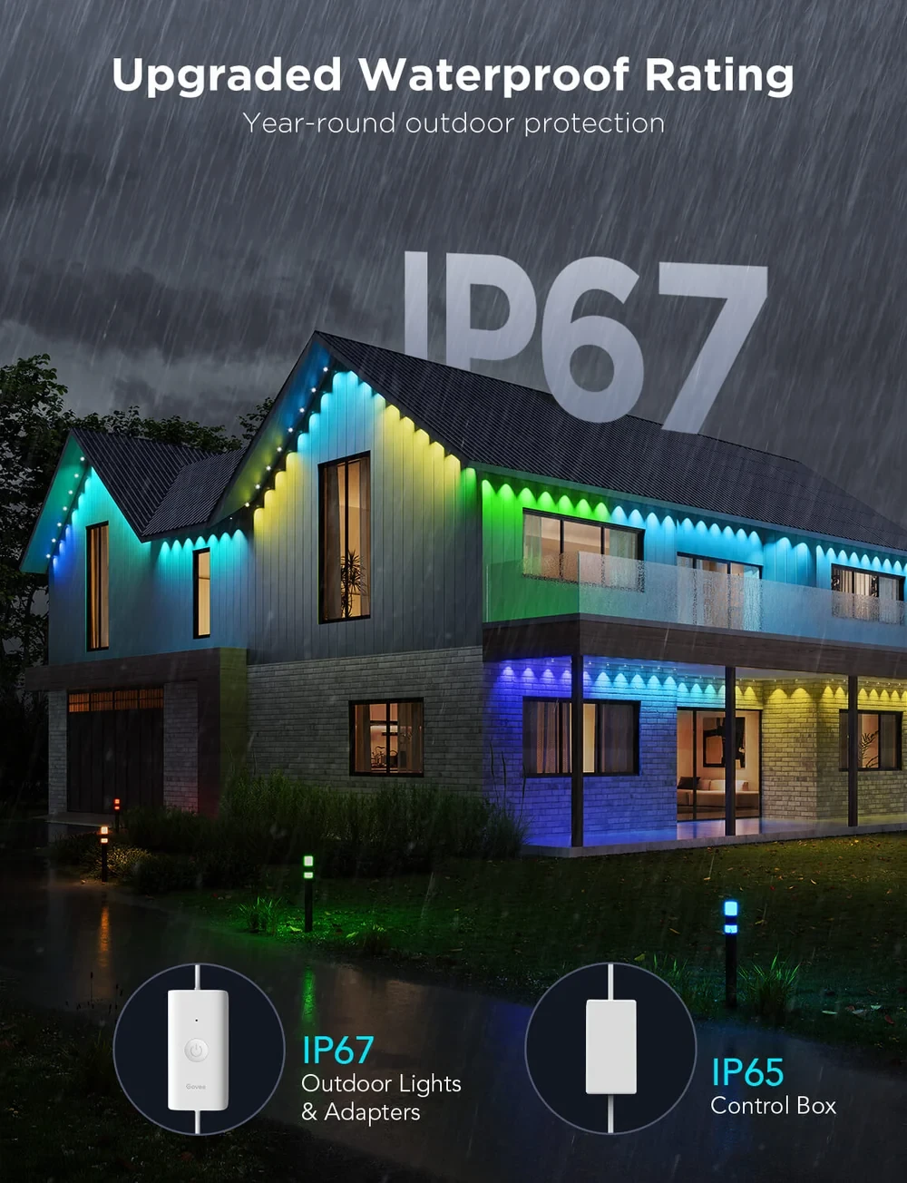 House with colorful permanent outdoor lights